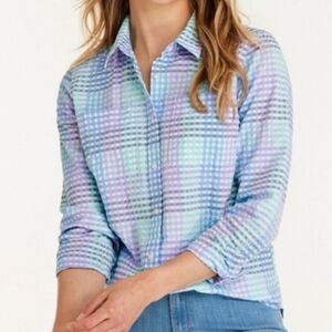 LL Bean Vacationland Seersucker Pastel Gingham Plaid Button Up Shirt Size Large